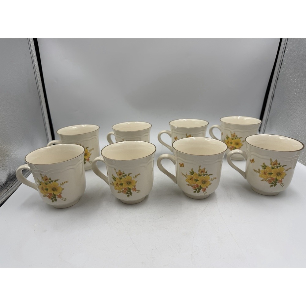 Sangostone butterfly II pattern 3411 coffee mug set of 8 Korea 2 W/ small chips